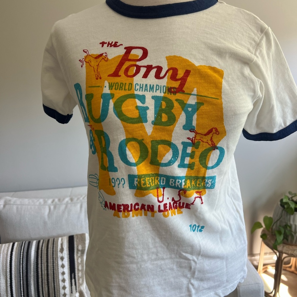 MOTHER White Graphic Tee with Blue Trim